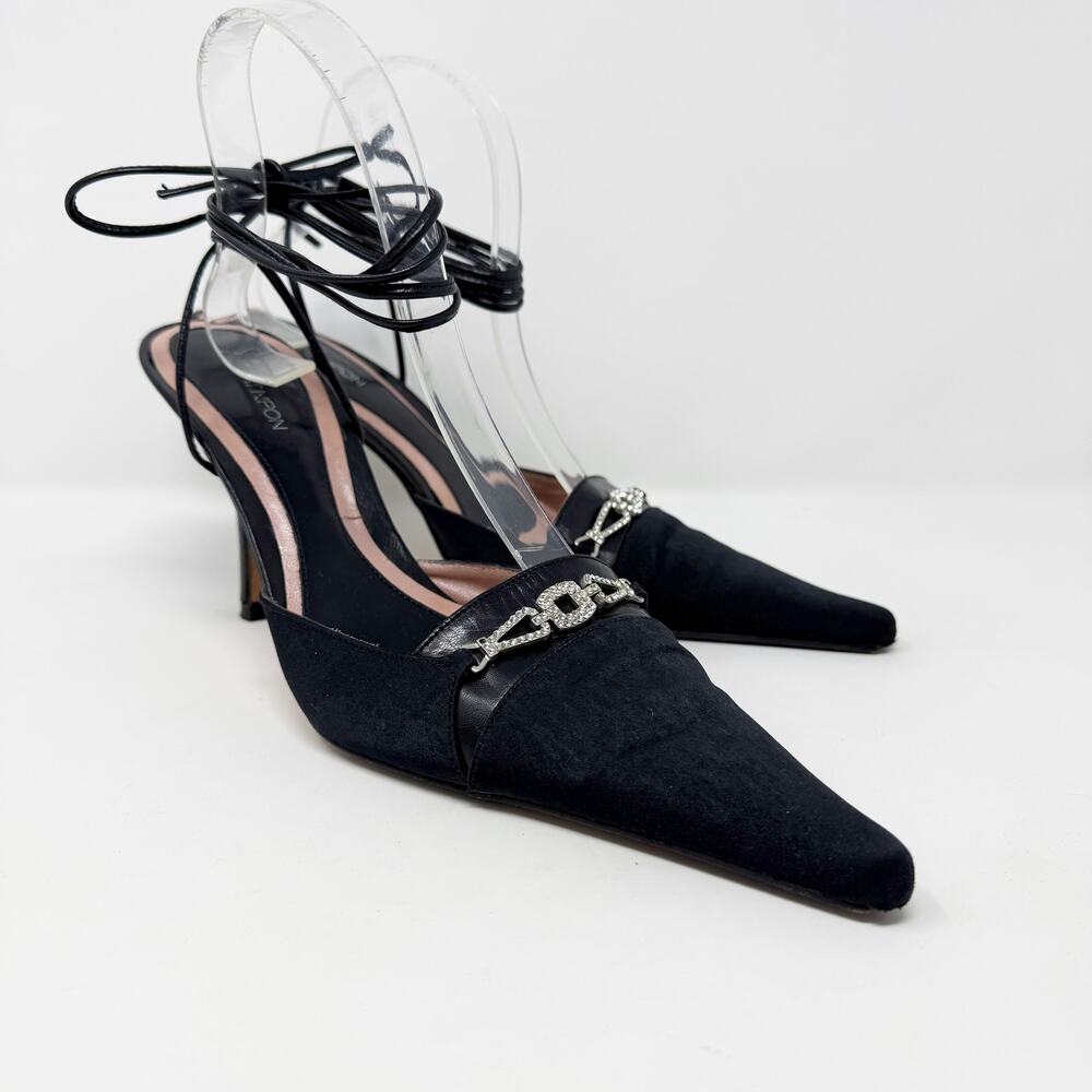 Vtg Y2K Albert Nipon Black Satin Pointy Toe Ankle Wrap Stiletto Heels Size 11